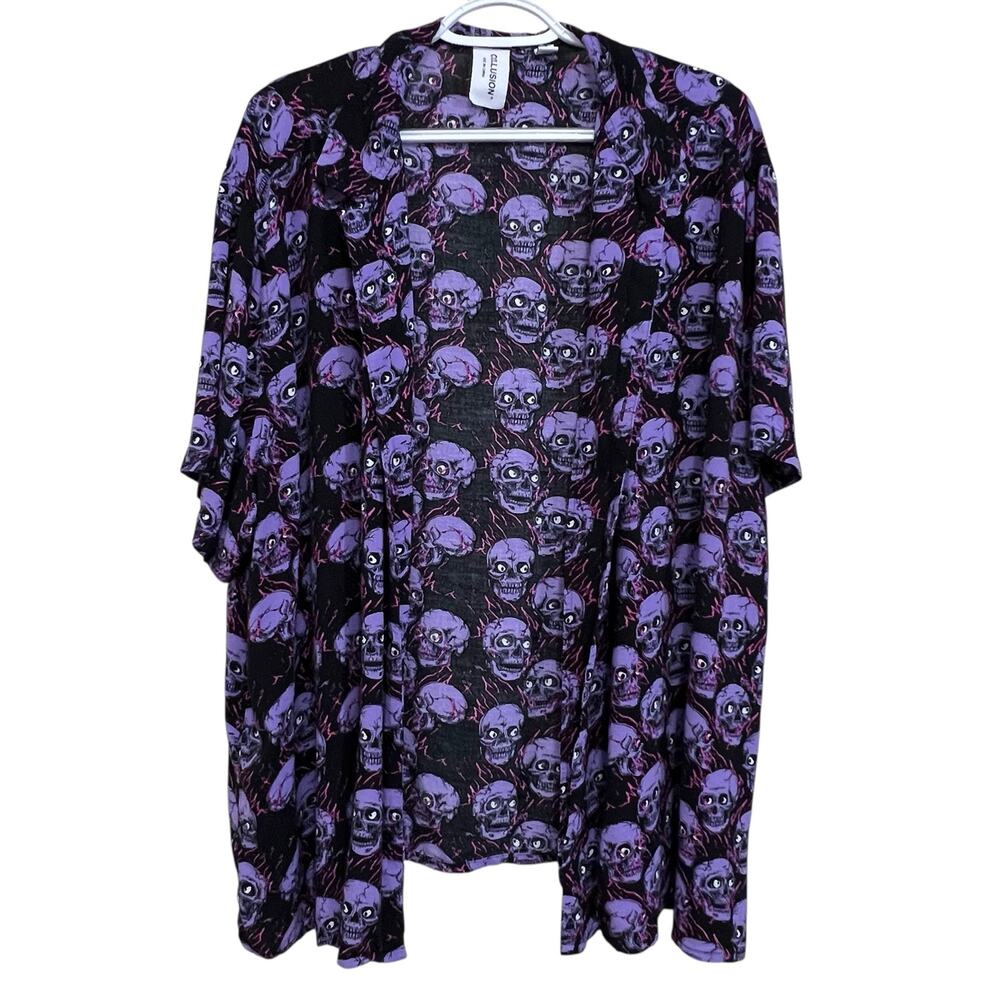 Black Purple Skull Print Button Up Shirt Womens Plus Size 16 Lightweight Flowy